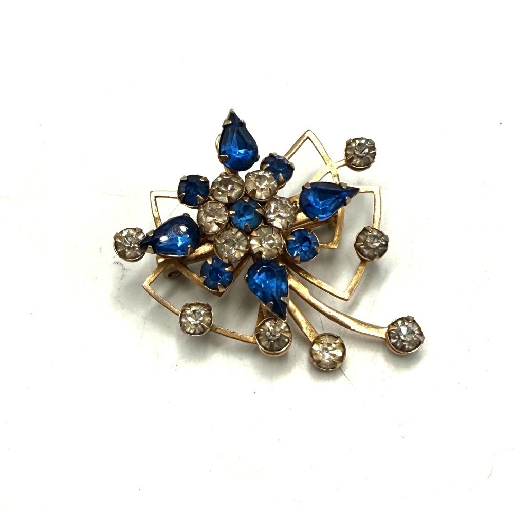 Vintage Gold Tone Blue and Clear Rhinestone Abstract Floral Brooch Pin